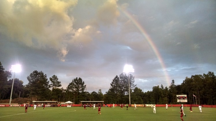 In the midst of the double rainbow, Davidson College scored the first goal of hte match. The Wildcats went on to win 2-1.  (©2015 David Boraks)