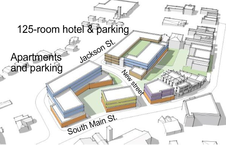 A site plan shows a possible redevelopment of the Davidson Town Hall and 3.5 acres around it. (UNC School of Government Development Finance Initiative)