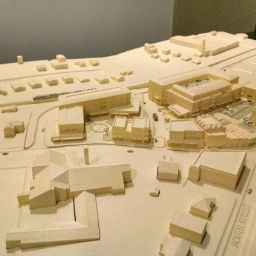 Model by the UNC School of Government's Development Finance Initiative shows what a redeveloped Town Hall site might look like. The model is on display at Town Hall. (David Boraks photo)
