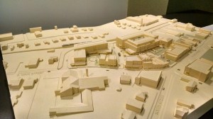 Model by the UNC School of Government's Development Finance Initiative shows what a redeveloped Town Hall site might look like. The model is on display at Town Hall. (David Boraks photo)