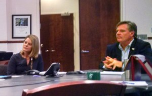 Kim Fleming and Leamon Brice talked with town commissioners Tuesday about possible redevelopment of the Town Hall site. (David Boraks photo) 