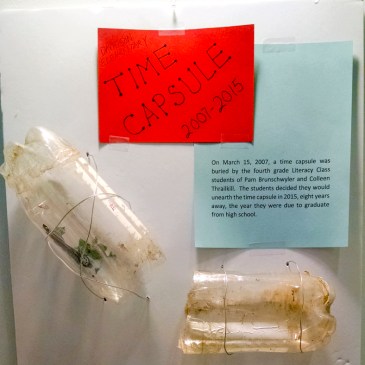 The time capsule was a plastic soda bottle. It leaked and many of the contents were damaged during its time in the ground next to Davidson Elementary. (David Boraks photo)