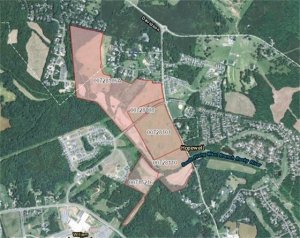 Map shows the site of the proposed WestBranch project. Davidson-Concord Road runs top to bottom along the right side of the 170-acre parcel. 