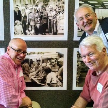 Dick Van Halsema (left), Ken Garfield (top) and former publisher Rolfe Neill were among the Observer alumni who reunited Thursday to say farewell to 600 S. Tryon St. (David Boraks/WFAE)