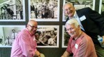Dick Van Halsema (left), Ken Garfield (top) and former publisher Rolfe Neill were among the Observer alumni who reunited Thursday to say farewell to 600 S. Tryon St. (David Boraks/WFAE)