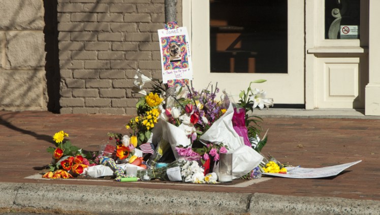 Shrine on South Main Street Davidson in memory of Janet McFadden, who was struck and killed by a garbage truck on April 1, 2016. (David Boraks photo)