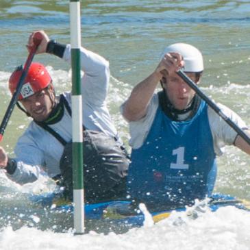 Casey Eichfeld (left) and Devin McEwan topped the men's double canoe. (David Boraks/WFAE)