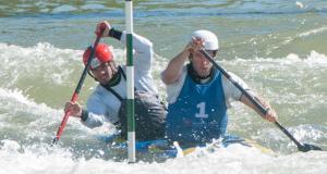 Casey Eichfeld (left) and Devin McEwan topped the men's double canoe. (David Boraks/WFAE)