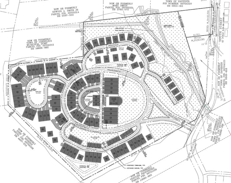 Site plan shows looping roads with an entrance on South Street, just north of the Antiquity covered bridge. (Cole Jenest & Stone/via Town of Cornelius)