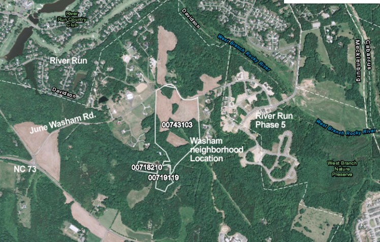 Map shows the location of the proposed Washam neighborhood, off June Washam Road. That's east of the intersection of NC 73 and Davidson Concord Road.