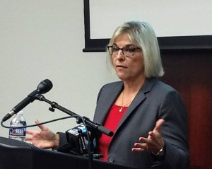 Meckelnburg County manager Dena Diorio talks to reporters Wednesday about this week's ransomware attack, which has shut down county servers. (David Boraks/WFAE)