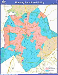 Charlotte's 2011 Affordable Housing Locational Policy was designed to steer more affordable housing to areas in blue, and away from areas that already have a lot of affordable units (pink).